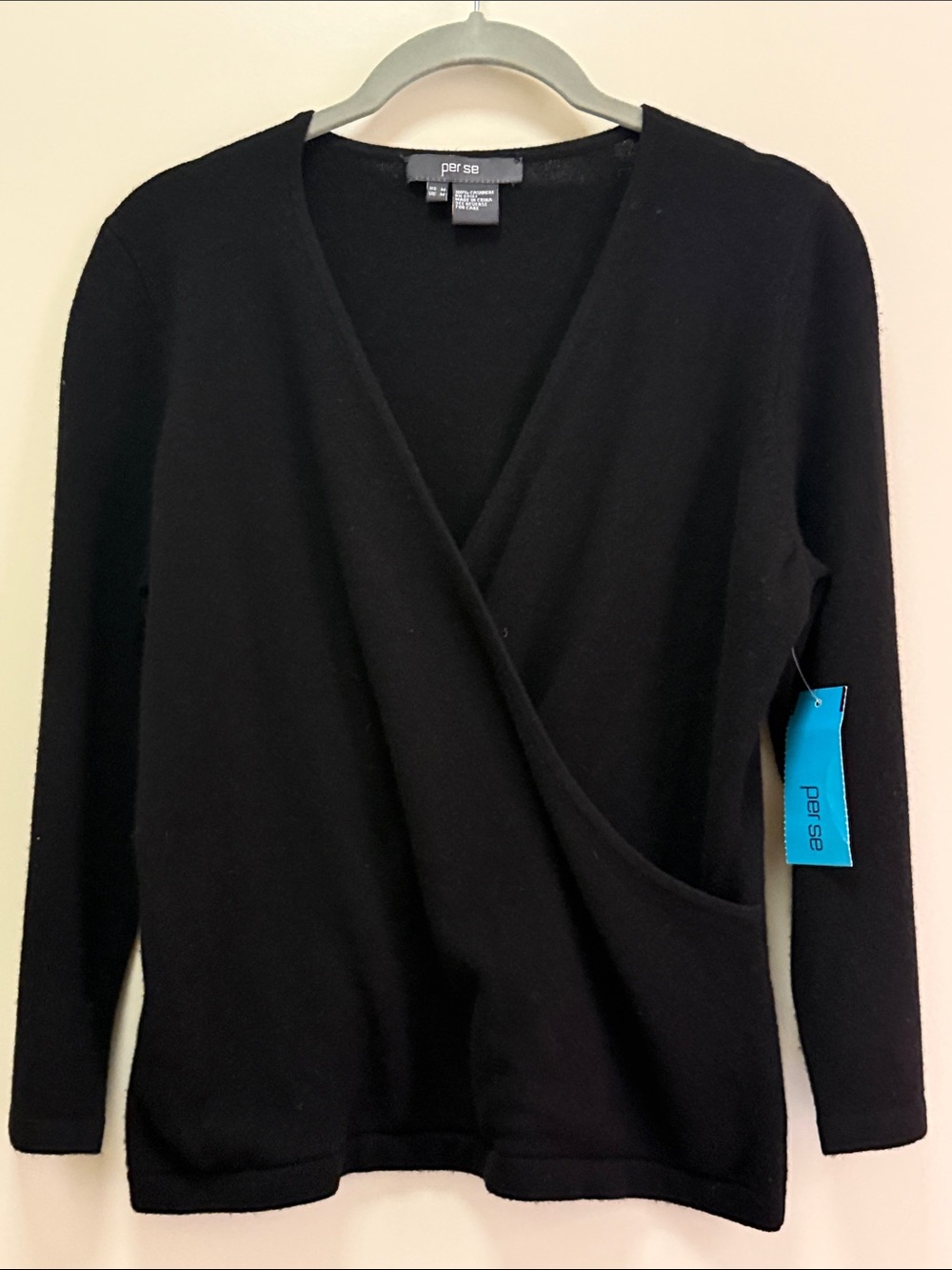 NWT Per Se Black Crossover V-Neck Women's Sweater 100% cashmere pullover Sz. M